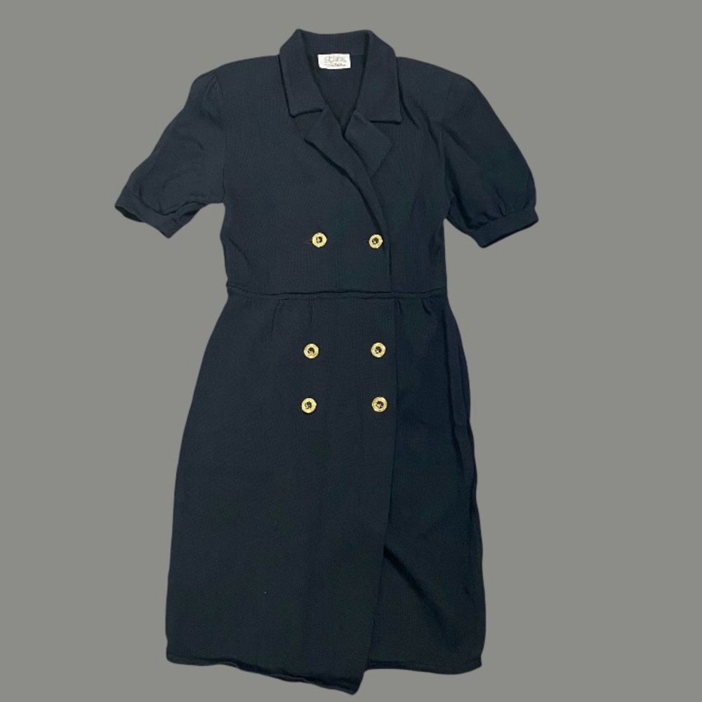 St. John Black Double-Breasted Midi Dress with Gold Buttons